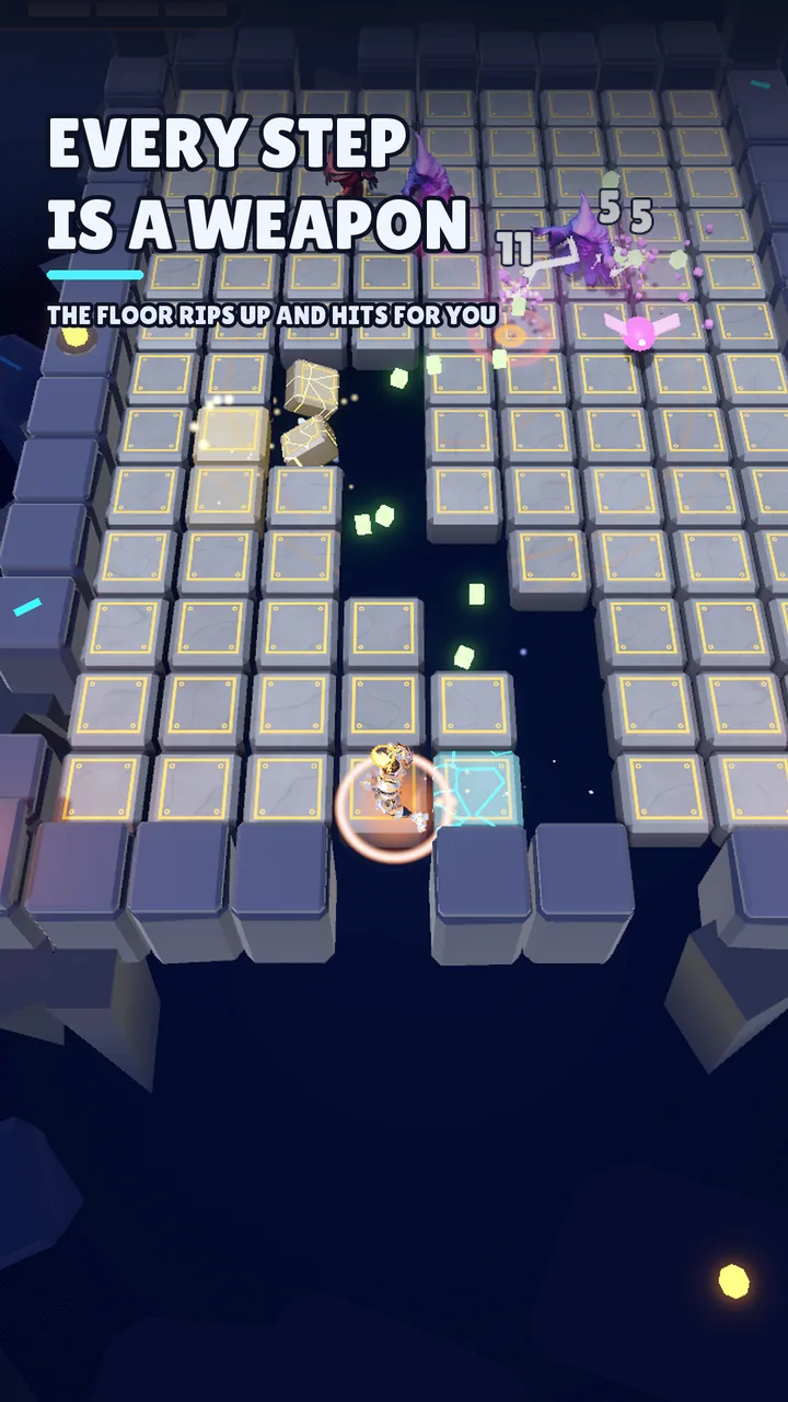 A hero runs across an arena as floor tiles rip out and hit enemies