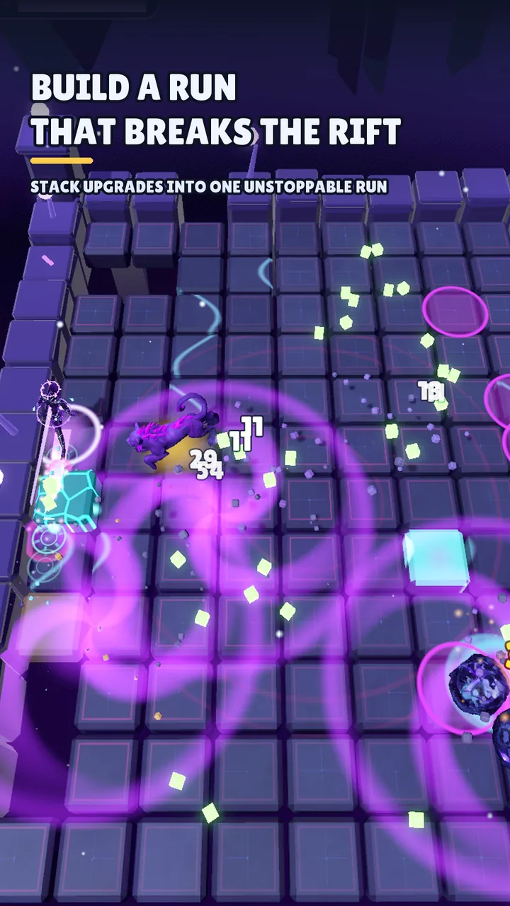 A late-run build in the Void Garden with heavy purple effects